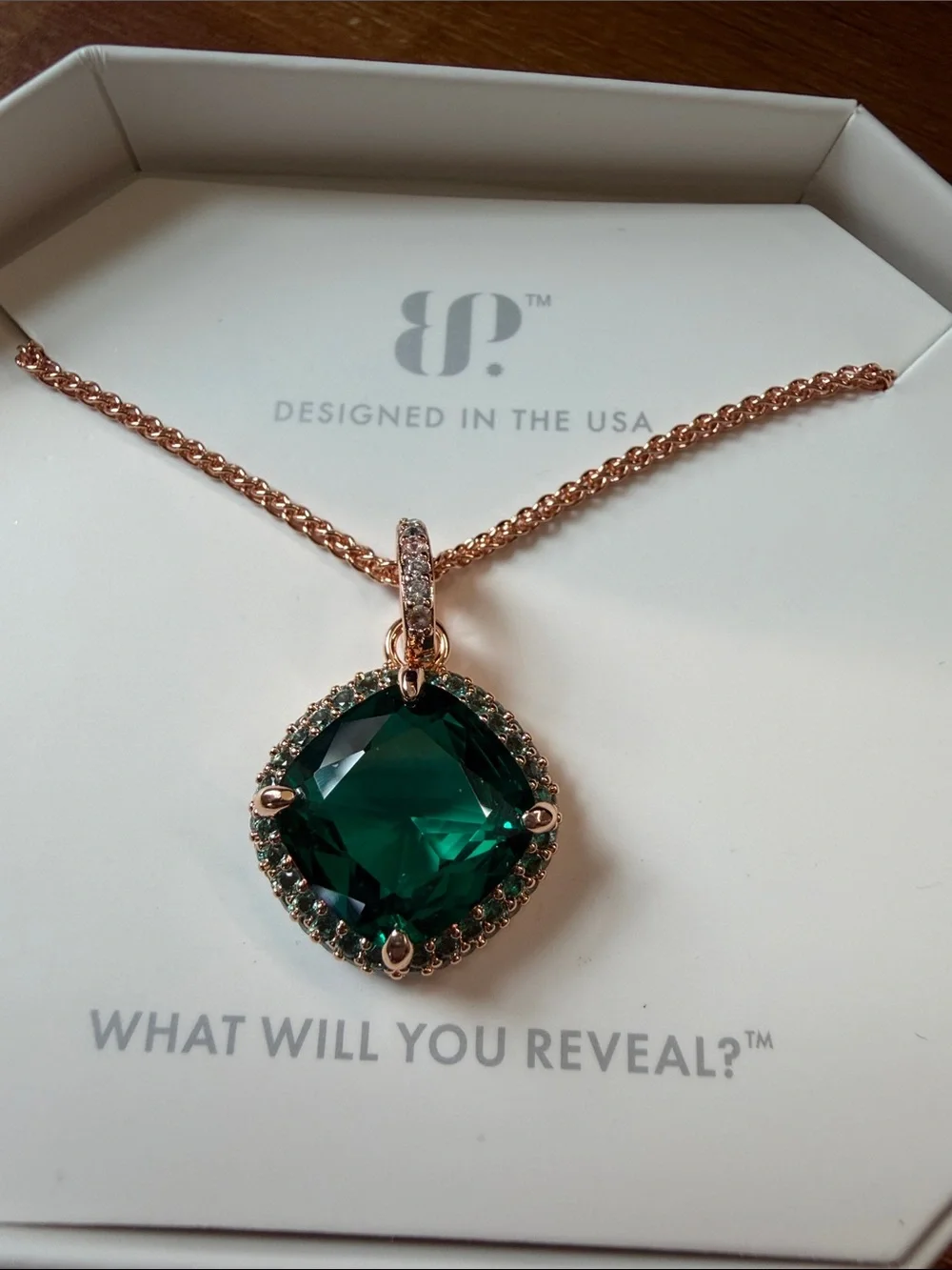 Rose Gold Necklace with Emerald Green Cushion Pendant by